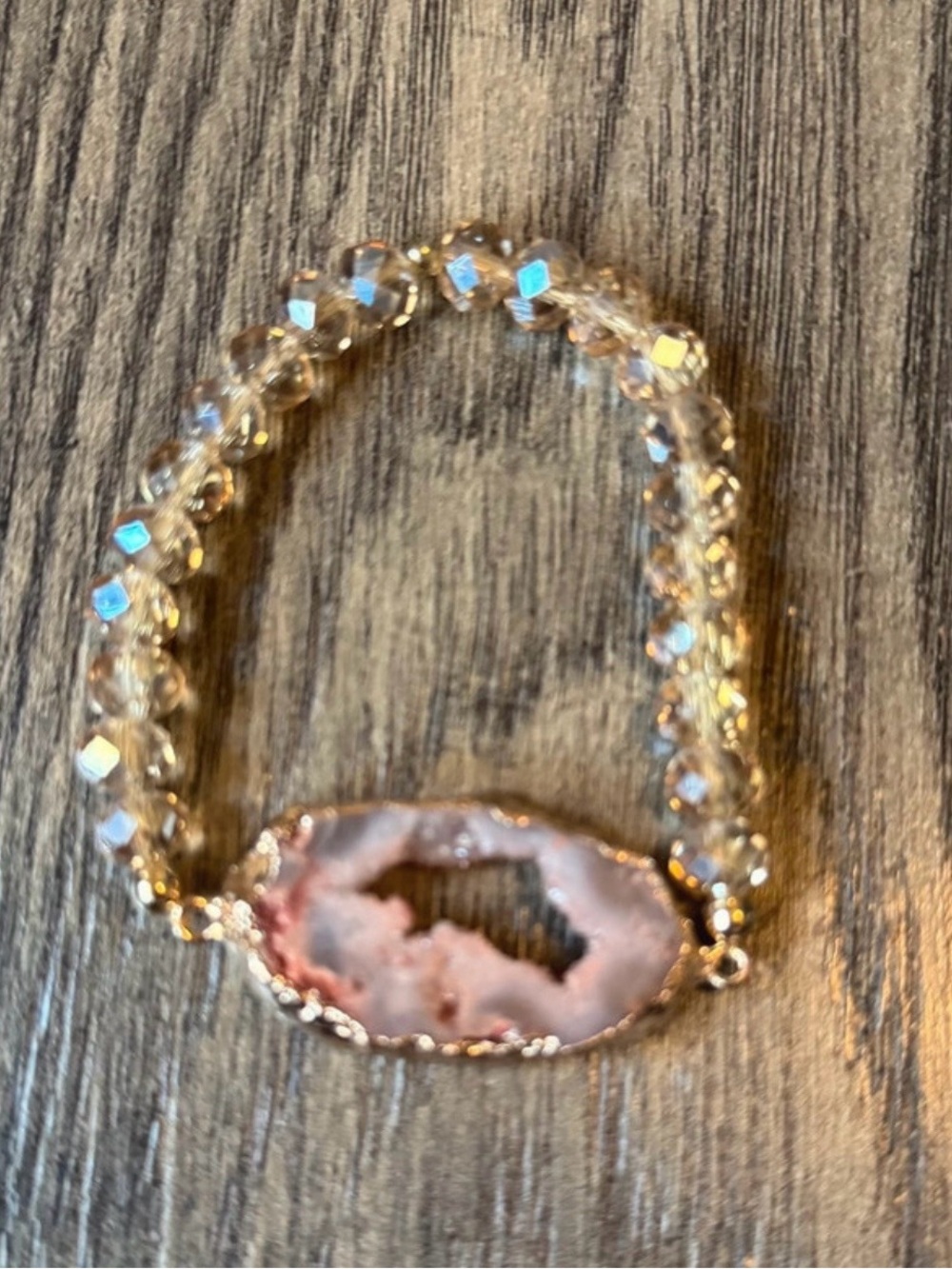 Stretch Beaded Bracelet with Pink Druzy Style Geode Slice Fashion | Gold Tone